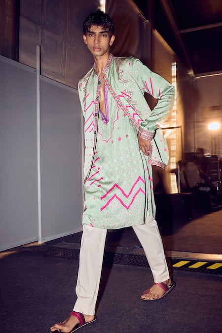 PUNIT BALANA Green Kurta And Bundi Satin Silk Printed Marodi Bandhani Set 