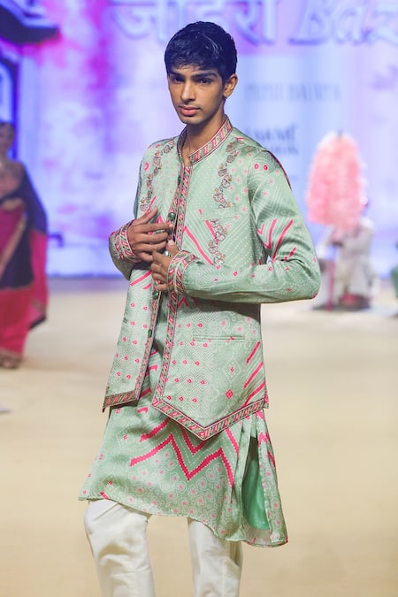 Punit Balana_Green Silk, Satin, Cotton, Lycra Embroidery Bandhani Print Bundi Kurta Set _at_Aza_Fashions