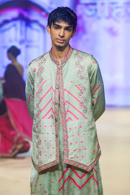 Buy_Punit Balana_Green Silk, Satin, Cotton, Lycra Embroidery Bandhani Print Bundi Kurta Set 
