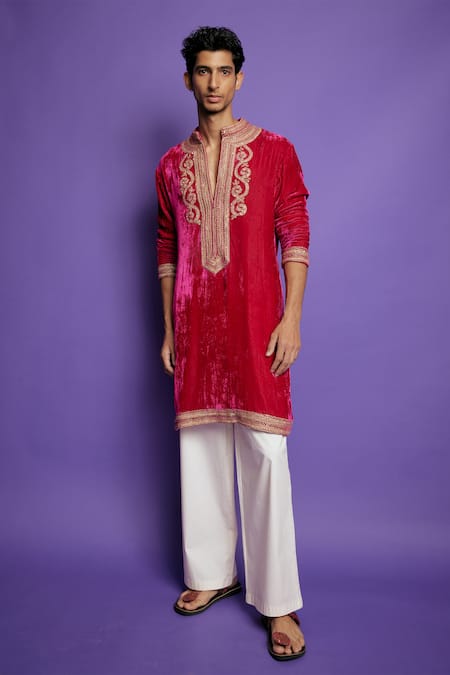Punit Balana_Pink Velvet, Cotton, Lycra Embroidery Marodi Work Kurta With Pant _Online_at_Aza_Fashions