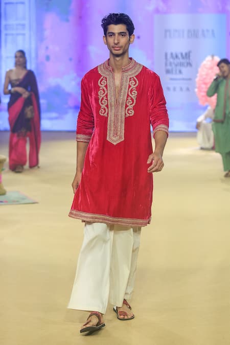 Shop_Punit Balana_Pink Velvet, Cotton, Lycra Embroidery Marodi Work Kurta With Pant _at_Aza_Fashions