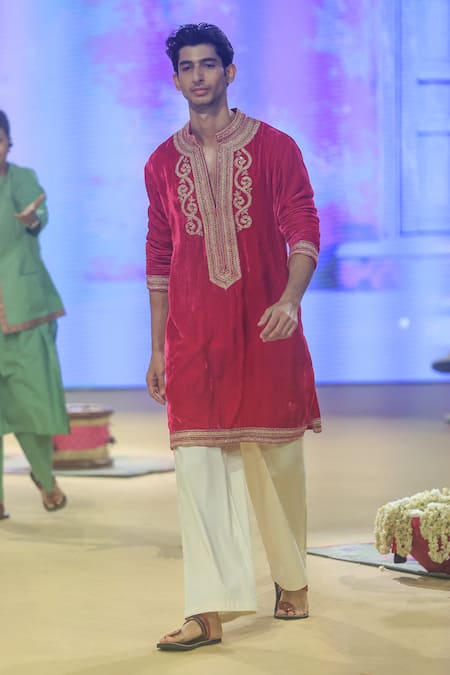 Buy_Punit Balana_Pink Velvet, Cotton, Lycra Embroidery Marodi Work Kurta With Pant _Online_at_Aza_Fashions