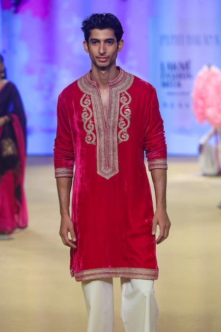 Shop_Punit Balana_Pink Velvet, Cotton, Lycra Embroidery Marodi Work Kurta With Pant _Online_at_Aza_Fashions