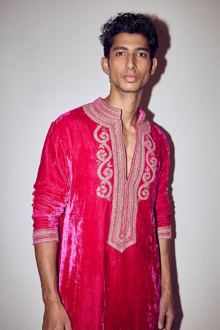 Punit Balana_Pink Velvet, Cotton, Lycra Embroidery Marodi Work Kurta With Pant _at_Aza_Fashions