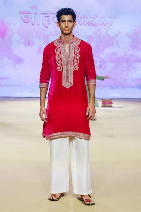 Buy_Punit Balana_Pink Velvet, Cotton, Lycra Embroidery Marodi Work Kurta With Pant 