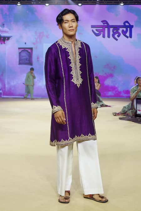 Shop_Punit Balana_Purple Silk, Cotton, Lycra Embroidery Marodi Work Kurta And Pant Set _at_Aza_Fashions