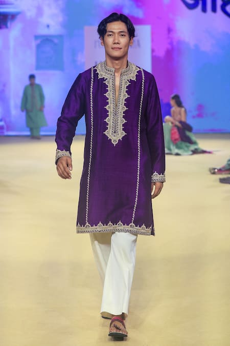 Punit Balana_Purple Silk, Cotton, Lycra Embroidery Marodi Work Kurta And Pant Set _Online_at_Aza_Fashions