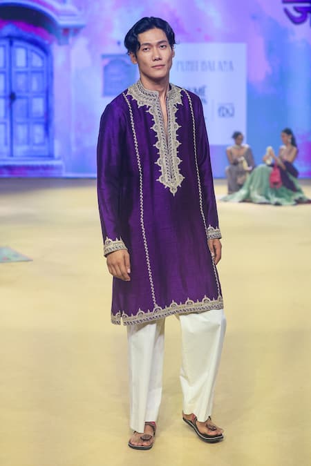 Buy_Punit Balana_Purple Silk, Cotton, Lycra Embroidery Marodi Work Kurta And Pant Set _Online_at_Aza_Fashions