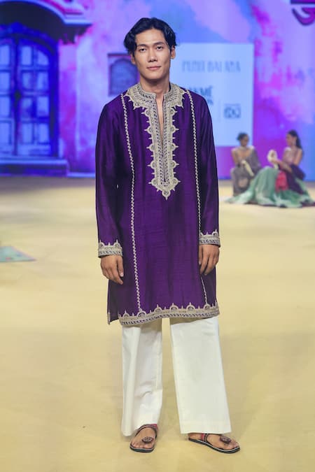 Shop_Punit Balana_Purple Silk, Cotton, Lycra Embroidery Marodi Work Kurta And Pant Set _Online_at_Aza_Fashions