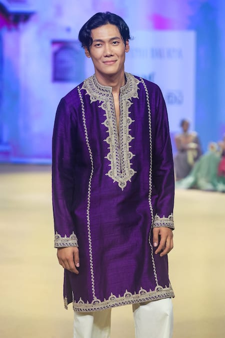Punit Balana_Purple Silk, Cotton, Lycra Embroidery Marodi Work Kurta And Pant Set _at_Aza_Fashions