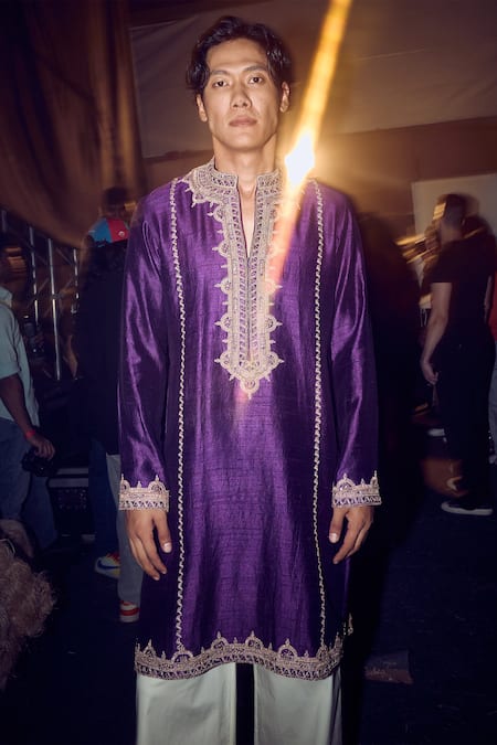 Buy_Punit Balana_Purple Silk, Cotton, Lycra Embroidery Marodi Work Kurta And Pant Set 