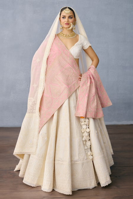 Torani Ivory Jeni Silk Embroidered Zardosi V Neck Maahe Navya Lehenga Set 