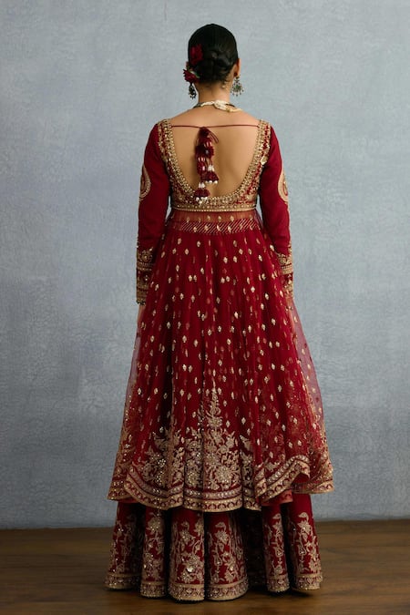 Shop Torani Red Jersey, Silk, Net Sequins, Gota Shamse Raazi Scalloped Anarkali Lehenga Set at Aza Fashions Shop_Torani_Red Jersey, Silk, Net Sequins, Gota Shamse Raazi Scalloped Anarkali Lehenga Set _at_Aza_Fashions