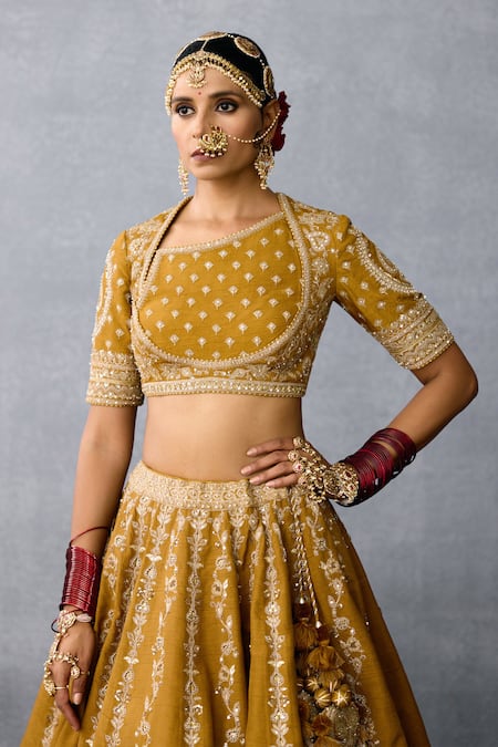 Torani_Yellow Organza, Jersey Pearls, Beads, Zari Mehre Embroidered Lehenga Set _at_Aza_Fashions