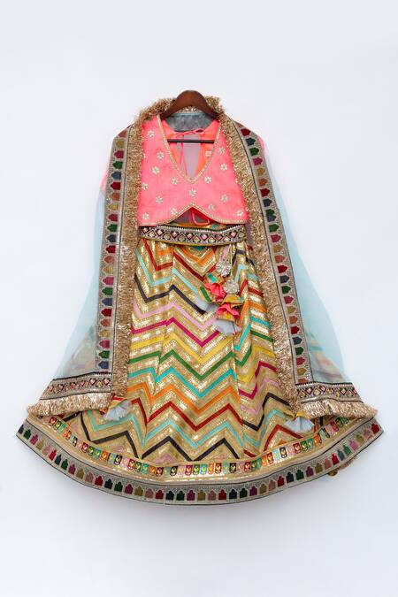 Fayon Kids_Pink , , Embroidery, Tassels Chevron Lehenga Set _Online_at_Aza_Fashions