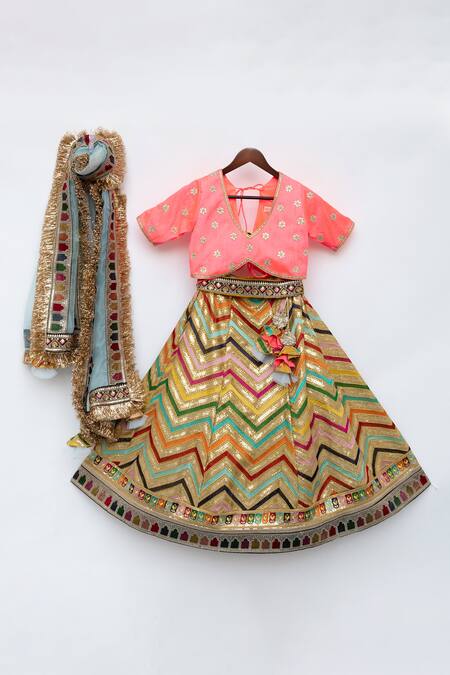 Buy_Fayon Kids_Pink , , Embroidery, Tassels Chevron Lehenga Set _Online_at_Aza_Fashions