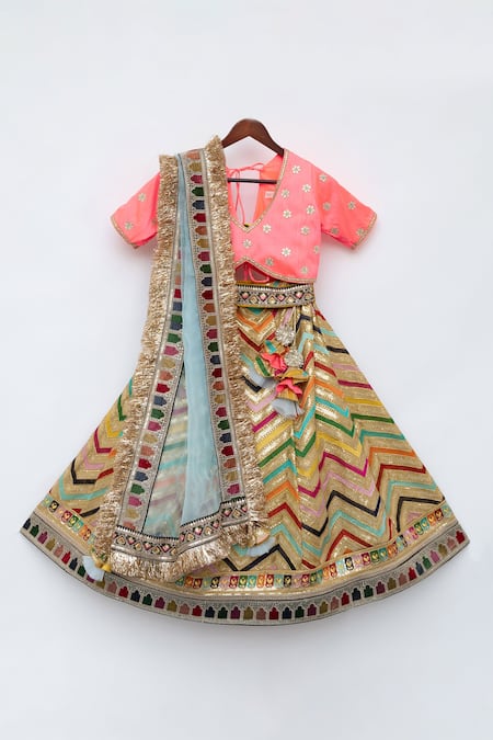 Shop_Fayon Kids_Pink , , Embroidery, Tassels Chevron Lehenga Set _Online_at_Aza_Fashions