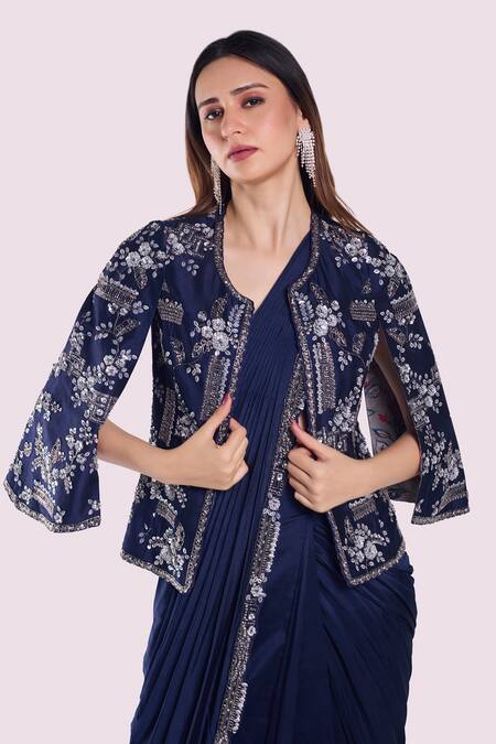 Buy Onaya Blue Silk Sequins, Beads Open Neck, Pre-stitched Saree Embellished Jacket Set Online at Aza Fashions Buy_Onaya_Blue Silk Sequins, Beads Open Neck, Pre-stitched Saree Embellished Jacket Set_Online_at_Aza_Fashions