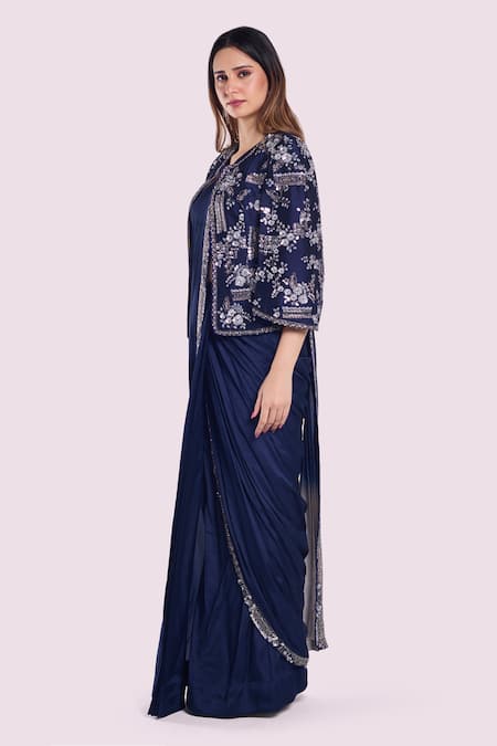 Shop Onaya Blue Silk Sequins, Beads Open Neck, Pre-stitched Saree Embellished Jacket Set Online at Aza Fashions Shop_Onaya_Blue Silk Sequins, Beads Open Neck, Pre-stitched Saree Embellished Jacket Set_Online_at_Aza_Fashions