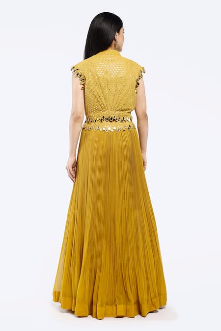 Shop Onaya Yellow Georgette Mirrors V-neck Embellished Crop Jacket Lehenga Set at Aza Fashions Shop_Onaya_Yellow Georgette Mirrors V-neck Embellished Crop Jacket Lehenga Set_at_Aza_Fashions