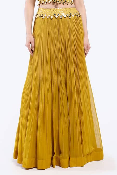 Onaya Yellow Georgette Mirrors V-neck Embellished Crop Jacket Lehenga Set Online at Aza Fashions Onaya_Yellow Georgette Mirrors V-neck Embellished Crop Jacket Lehenga Set_Online_at_Aza_Fashions