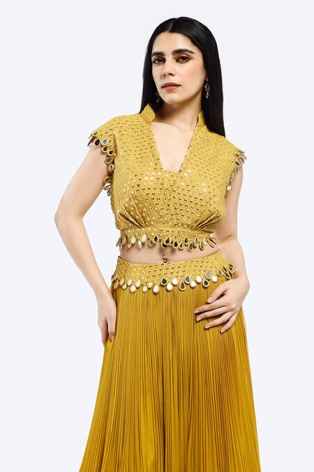 Buy Onaya Yellow Georgette Mirrors V-neck Embellished Crop Jacket Lehenga Set Online at Aza Fashions Buy_Onaya_Yellow Georgette Mirrors V-neck Embellished Crop Jacket Lehenga Set_Online_at_Aza_Fashions