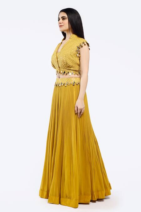 Shop Onaya Yellow Georgette Mirrors V-neck Embellished Crop Jacket Lehenga Set Online at Aza Fashions Shop_Onaya_Yellow Georgette Mirrors V-neck Embellished Crop Jacket Lehenga Set_Online_at_Aza_Fashions