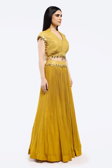 Onaya Yellow Georgette Mirrors V-neck Embellished Crop Jacket Lehenga Set at Aza Fashions Onaya_Yellow Georgette Mirrors V-neck Embellished Crop Jacket Lehenga Set_at_Aza_Fashions