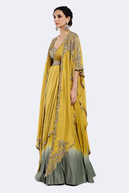 Onaya_Yellow Silk Sequins, Beads Round Neck Embroidered Lehenga Saree Set _Online_at_Aza_Fashions