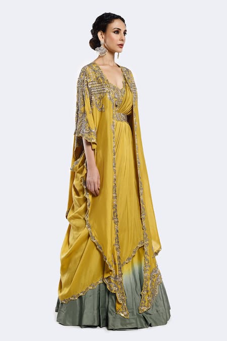 Buy_Onaya_Yellow Silk Sequins, Beads Round Neck Embroidered Lehenga Saree Set _Online_at_Aza_Fashions