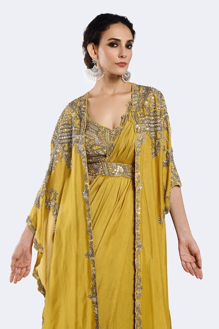 Shop_Onaya_Yellow Silk Sequins, Beads Round Neck Embroidered Lehenga Saree Set _Online_at_Aza_Fashions