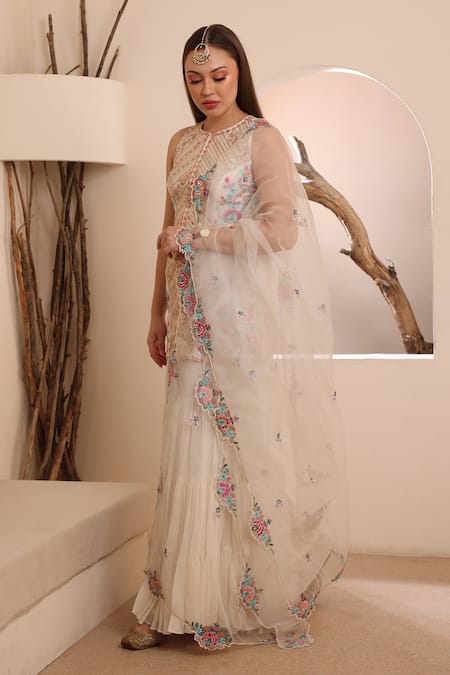 Ishram Couture_Ivory Silk Organza, Handloom Cotton Gota Patti, Rihaai Floral Kurta Sharara Set _at_Aza_Fashions