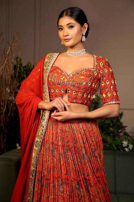 Shop Neeta Lulla Orange Chanderi Silk Sequins, Mirrors, Satvang Floral Print Pleated Lehenga Set at Aza Fashions Shop_Neeta Lulla_Orange Chanderi Silk Sequins, Mirrors, Satvang Floral Print Pleated Lehenga Set_at_Aza_Fashions