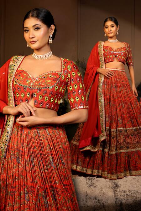 Neeta Lulla Orange Chanderi Silk Sequins, Mirrors, Satvang Floral Print Pleated Lehenga Set Online at Aza Fashions Neeta Lulla_Orange Chanderi Silk Sequins, Mirrors, Satvang Floral Print Pleated Lehenga Set_Online_at_Aza_Fashions