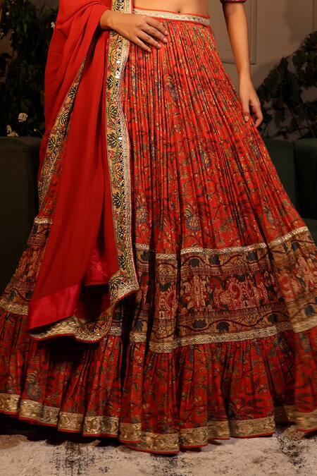 Buy Neeta Lulla Orange Chanderi Silk Sequins, Mirrors, Satvang Floral Print Pleated Lehenga Set Online at Aza Fashions Buy_Neeta Lulla_Orange Chanderi Silk Sequins, Mirrors, Satvang Floral Print Pleated Lehenga Set_Online_at_Aza_Fashions