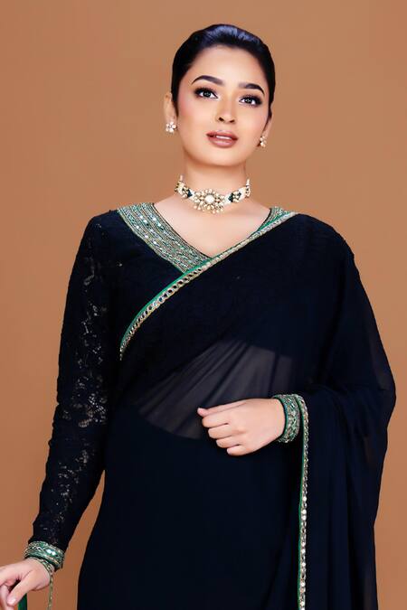 Buy_Neeta Lulla_Black Georgette, Gingham Beads, Fiza Border Embroidered Saree With Blouse_Online_at_Aza_Fashions
