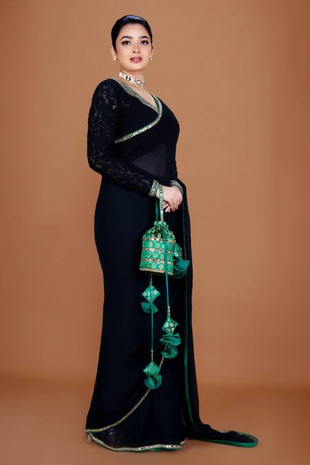 Shop_Neeta Lulla_Black Georgette, Gingham Beads, Fiza Border Embroidered Saree With Blouse_Online_at_Aza_Fashions