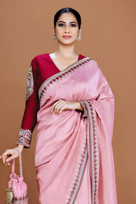 Neeta Lulla Pink Silk Embroidery Mirror V Neck Aanya Gota Patti Border Saree With Blouse  3