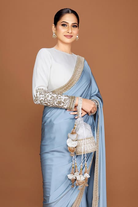 Neeta Lulla_Grey Satin Pearls, Sequins, Zari Aashvi Border Embroidered Saree With Blouse_Online_at_Aza_Fashions