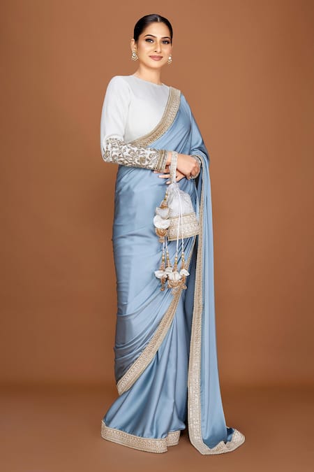 Buy_Neeta Lulla_Grey Satin Pearls, Sequins, Zari Aashvi Border Embroidered Saree With Blouse_Online_at_Aza_Fashions