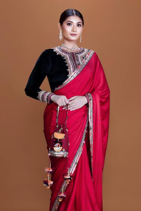 Neeta Lulla_Red Velvet, Satin Sequins, Anika Resham Border Embroidered Saree With Blouse _Online_at_Aza_Fashions