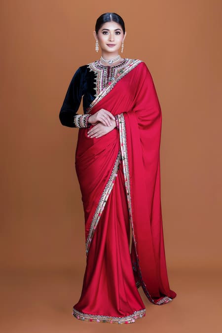 Buy_Neeta Lulla_Red Velvet, Satin Sequins, Anika Resham Border Embroidered Saree With Blouse _Online_at_Aza_Fashions