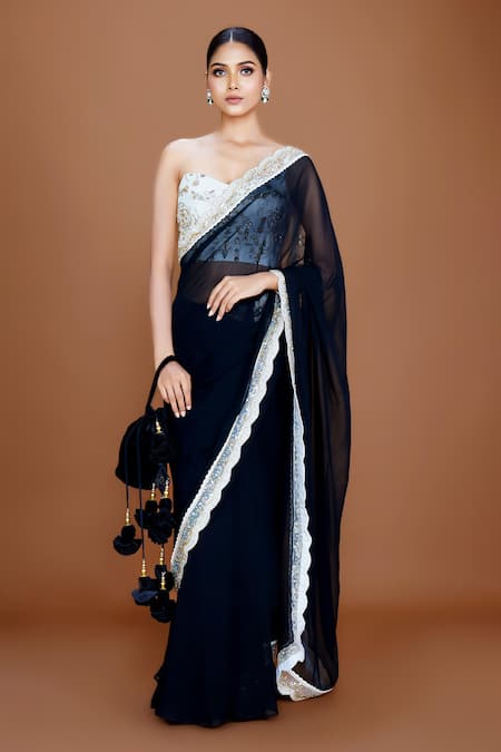 Neeta Lulla Black Georgette Embroidery Sequin Nitya Scallop Border Saree With Blouse 