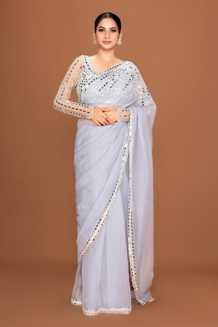 Neeta Lulla Grey Organza Embroidery Mirror Scoop Neck Kashvi Border Saree With Blouse 