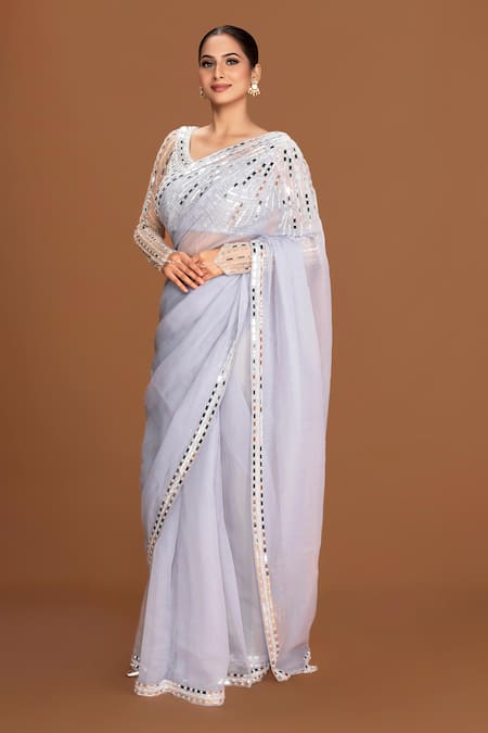 Neeta Lulla_Grey Organza, Tulle Mirrors, Kashvi Border Embroidered Saree With Blouse_Online_at_Aza_Fashions