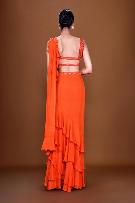 Shop Neeta Lulla Orange Georgette Beads, Sequins, Caroline Pre-stitched Ruffle Saree With Blouse at Aza Fashions Shop_Neeta Lulla_Orange Georgette Beads, Sequins, Caroline Pre-stitched Ruffle Saree With Blouse_at_Aza_Fashions