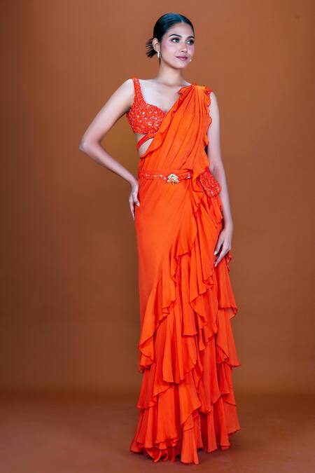 Buy Neeta Lulla Orange Georgette Beads, Sequins, Caroline Pre-stitched Ruffle Saree With Blouse Online at Aza Fashions Buy_Neeta Lulla_Orange Georgette Beads, Sequins, Caroline Pre-stitched Ruffle Saree With Blouse_Online_at_Aza_Fashions