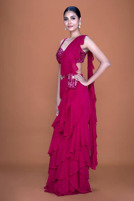 Buy_Neeta Lulla_Magenta Maisie Ruffle Pre-stitched Saree With Cutdana Embroidered Blouse_Online_at_Aza_Fashions