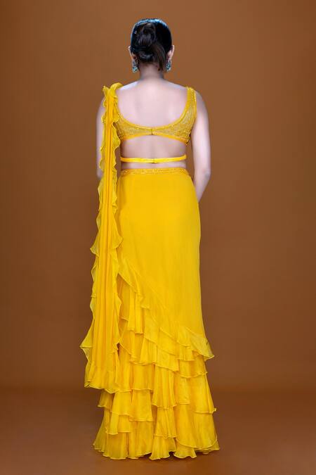 Shop Neeta Lulla Gold Organza, Tulle, Arline Ruffle Pre-stitched Saree With Embroidered Blouse at Aza Fashions Shop_Neeta Lulla_Gold Organza, Tulle, Arline Ruffle Pre-stitched Saree With Embroidered Blouse_at_Aza_Fashions