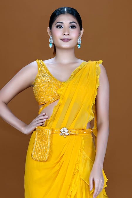 Neeta Lulla Gold Organza, Tulle, Arline Ruffle Pre-stitched Saree With Embroidered Blouse Online at Aza Fashions Neeta Lulla_Gold Organza, Tulle, Arline Ruffle Pre-stitched Saree With Embroidered Blouse_Online_at_Aza_Fashions
